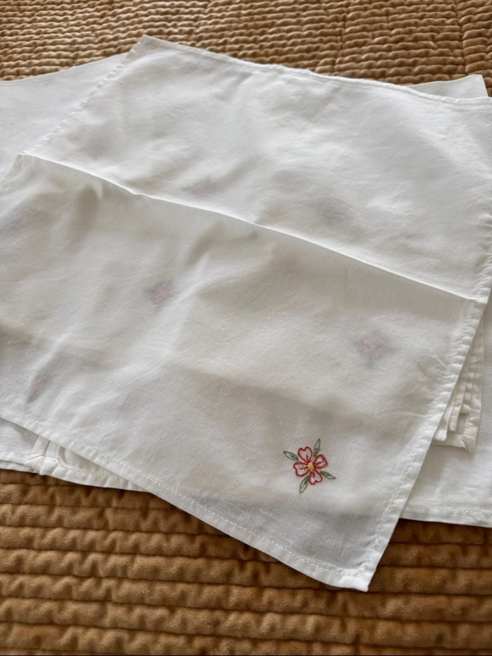 Vintage White Cotton Linen Napkins with Pink & Green Floral Embroidery